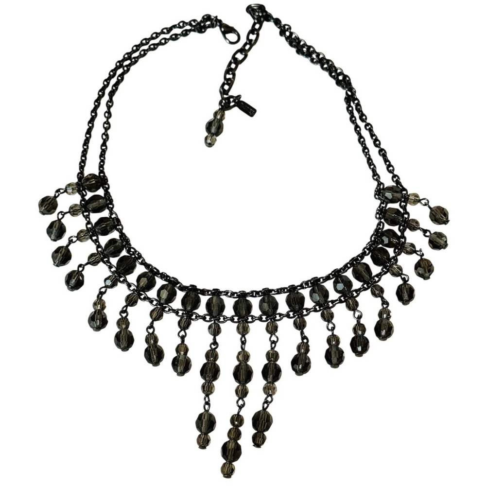 Tanner Necklace‎ Signed Collar Smokey Crystal Beaded Fringe Statement Goth Black